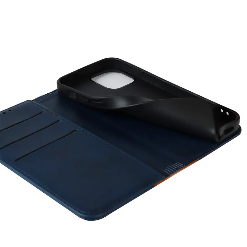 For iPhone 15 Plus PU Leather Phone Case Bi-color Splicing Anti-scratch Stand Wallet Cover - Blue+Yellow
