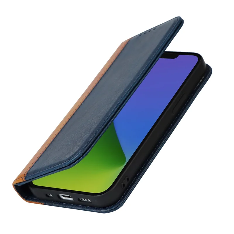 For iPhone 15 Plus PU Leather Phone Case Bi-color Splicing Anti-scratch Stand Wallet Cover - Blue+Yellow