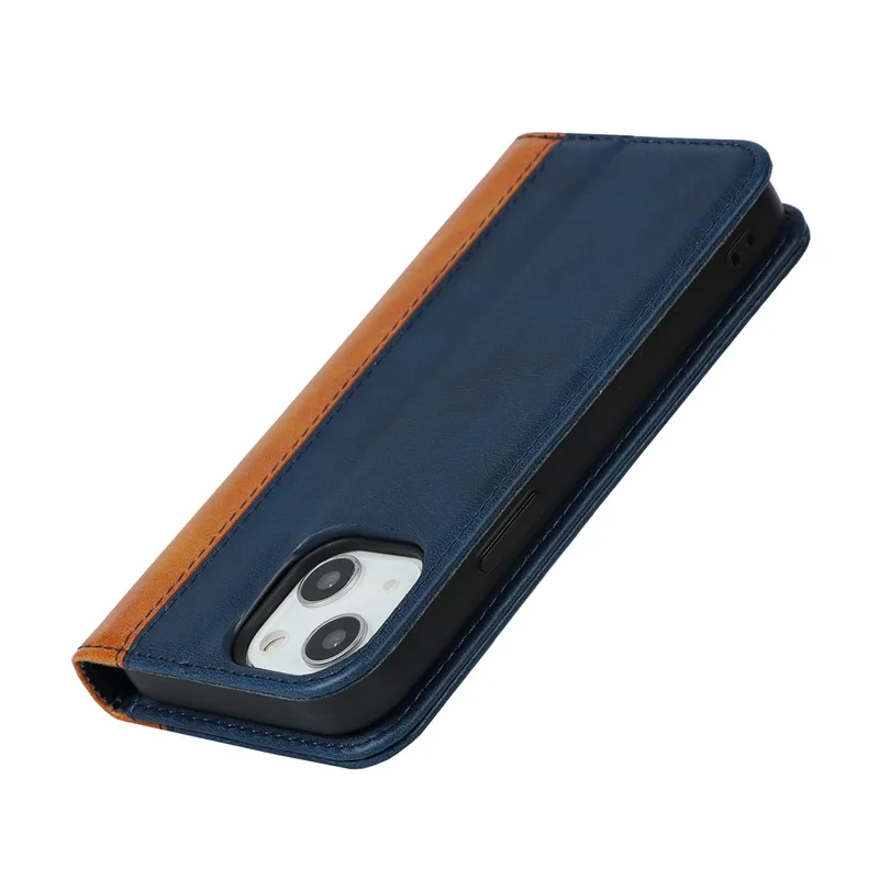 For iPhone 15 Plus PU Leather Phone Case Bi-color Splicing Anti-scratch Stand Wallet Cover - Blue+Yellow