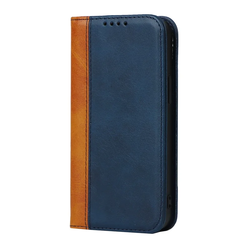 For iPhone 15 Plus PU Leather Phone Case Bi-color Splicing Anti-scratch Stand Wallet Cover - Blue+Yellow