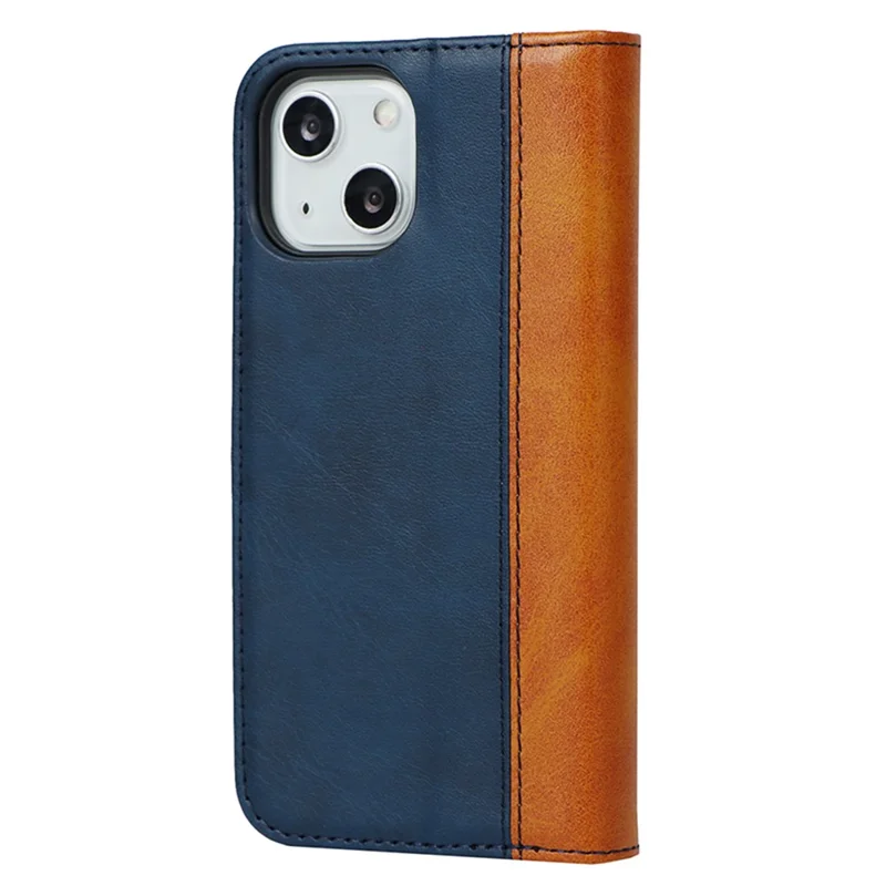 For iPhone 15 Plus PU Leather Phone Case Bi-color Splicing Anti-scratch Stand Wallet Cover - Blue+Yellow