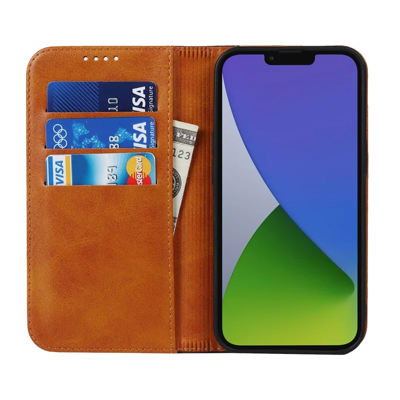 For iPhone 15 Plus PU Leather Phone Case Bi-color Splicing Anti-scratch Stand Wallet Cover - Yellow+Brown