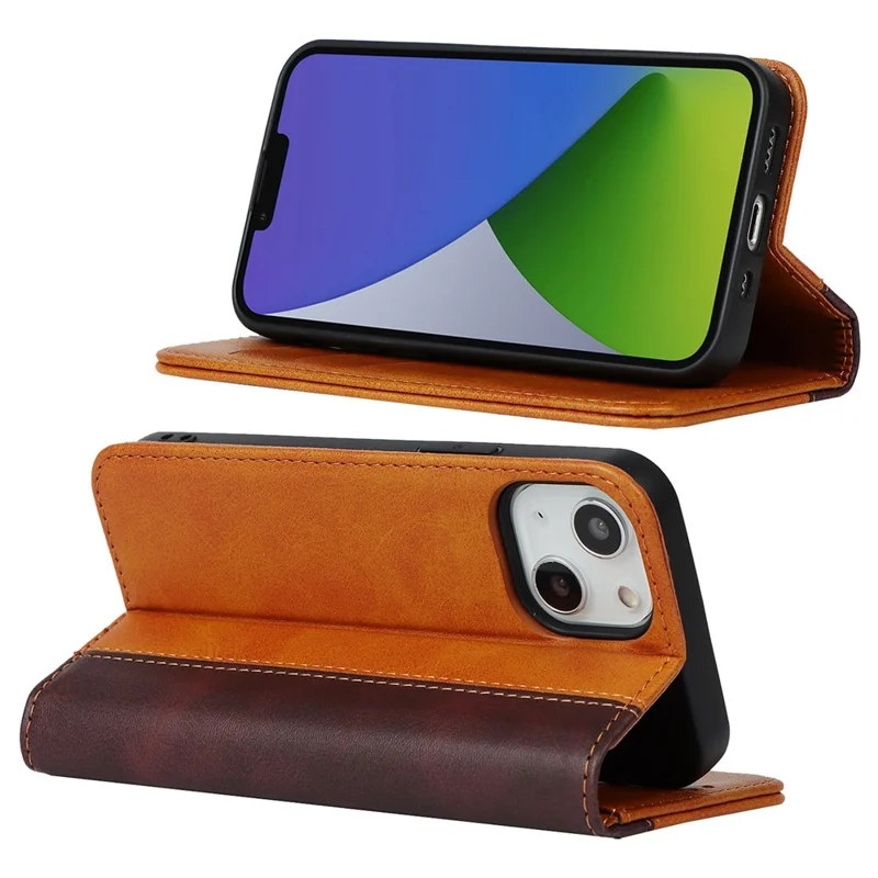 For iPhone 15 Plus PU Leather Phone Case Bi-color Splicing Anti-scratch Stand Wallet Cover - Yellow+Brown