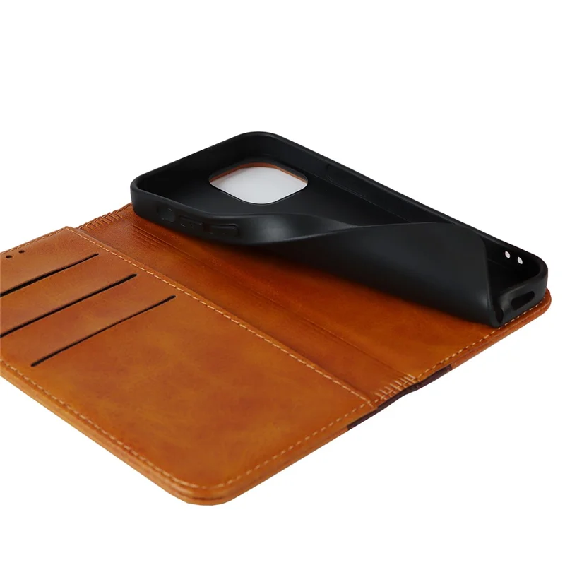 For iPhone 15 Plus PU Leather Phone Case Bi-color Splicing Anti-scratch Stand Wallet Cover - Yellow+Brown