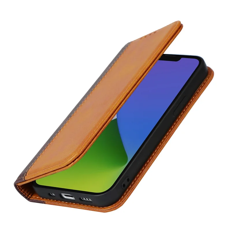 For iPhone 15 Plus PU Leather Phone Case Bi-color Splicing Anti-scratch Stand Wallet Cover - Yellow+Brown