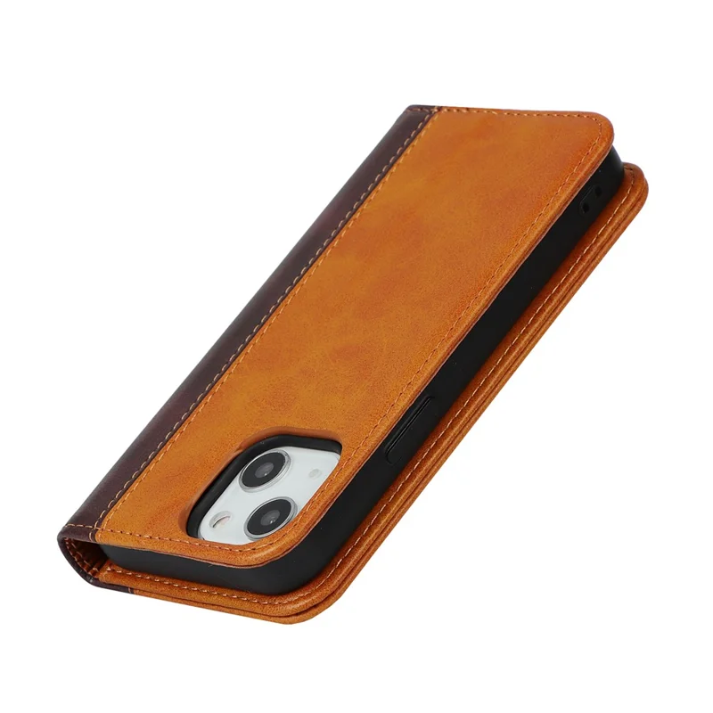 For iPhone 15 Plus PU Leather Phone Case Bi-color Splicing Anti-scratch Stand Wallet Cover - Yellow+Brown