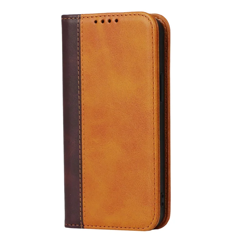 For iPhone 15 Plus PU Leather Phone Case Bi-color Splicing Anti-scratch Stand Wallet Cover - Yellow+Brown