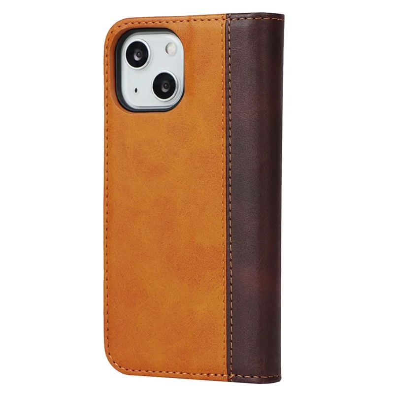 For iPhone 15 Plus PU Leather Phone Case Bi-color Splicing Anti-scratch Stand Wallet Cover - Yellow+Brown