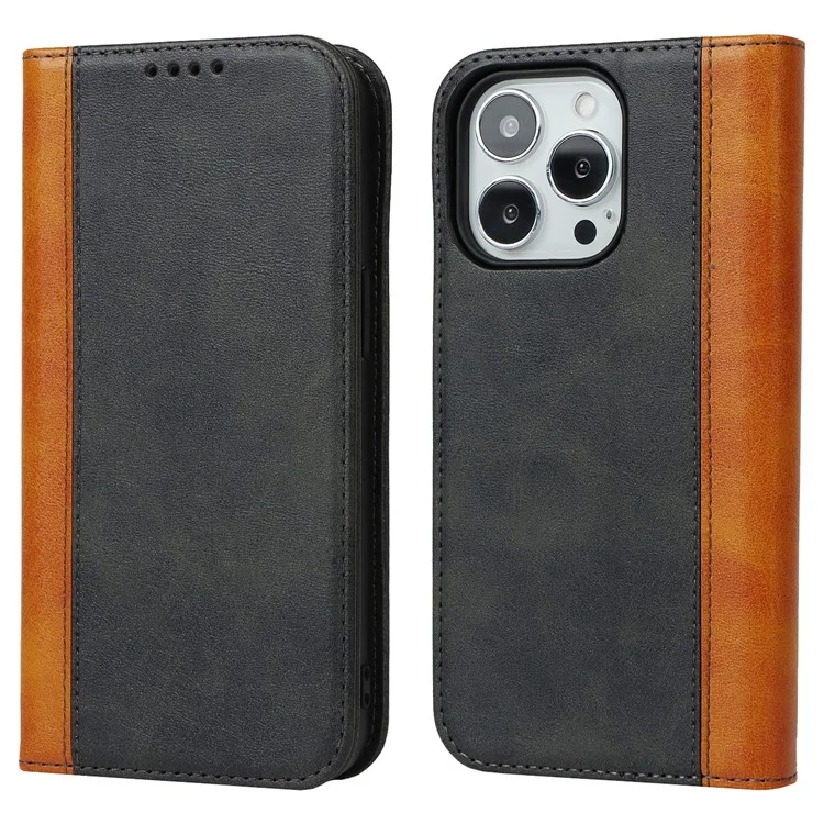 Para iPhone 15 Pro Bi-color Splicing PU Leather Phone Case Soporte Cartera Cubierta - Negro+Amarillo