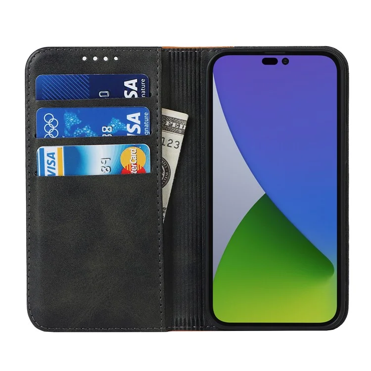 Para iPhone 15 Pro Bi-color Splicing PU Leather Phone Case Soporte Cartera Cubierta - Negro+Amarillo