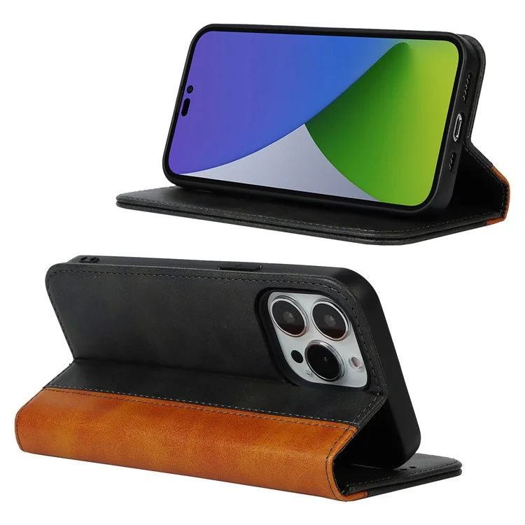 Para iPhone 15 Pro Bi-color Splicing PU Leather Phone Case Soporte Cartera Cubierta - Negro+Amarillo