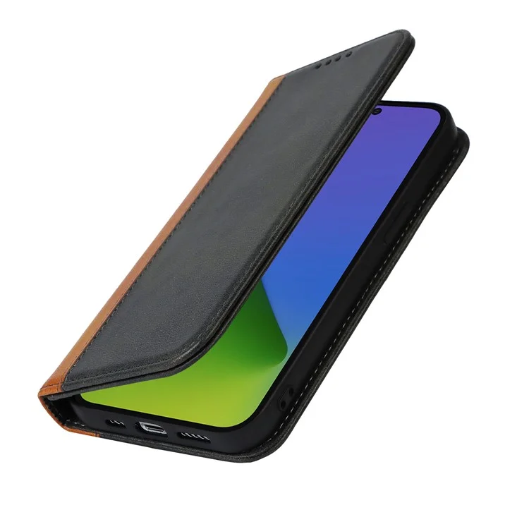 Para iPhone 15 Pro Bi-color Splicing PU Leather Phone Case Soporte Cartera Cubierta - Negro+Amarillo