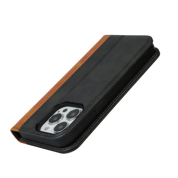 Para iPhone 15 Pro Bi-color Splicing PU Leather Phone Case Soporte Cartera Cubierta - Negro+Amarillo