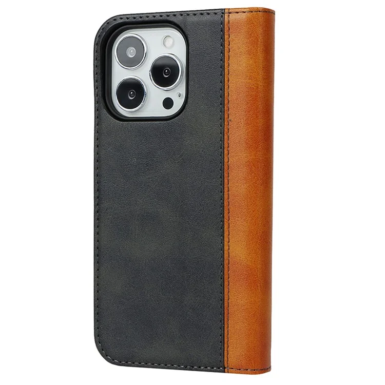 Para iPhone 15 Pro Bi-color Splicing PU Leather Phone Case Soporte Cartera Cubierta - Negro+Amarillo