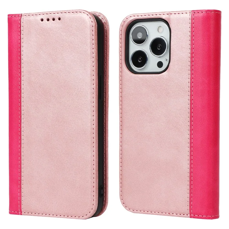 Para iPhone 15 Pro Max Capa de Telefone de Carteira de Couro PU Bi-color Splicing Anti-queda Stand Cover - Rose Gold+Rose