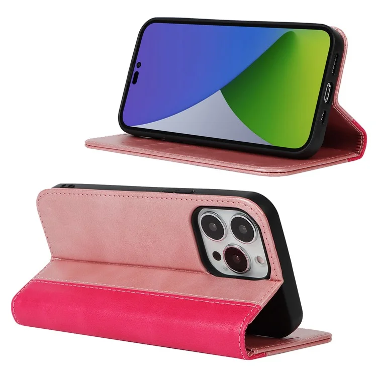 Para iPhone 15 Pro Max Capa de Telefone de Carteira de Couro PU Bi-color Splicing Anti-queda Stand Cover - Rose Gold+Rose