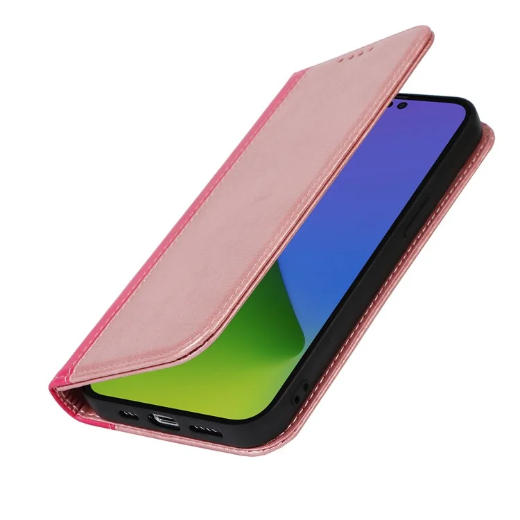 Para iPhone 15 Pro Max Capa de Telefone de Carteira de Couro PU Bi-color Splicing Anti-queda Stand Cover - Rose Gold+Rose