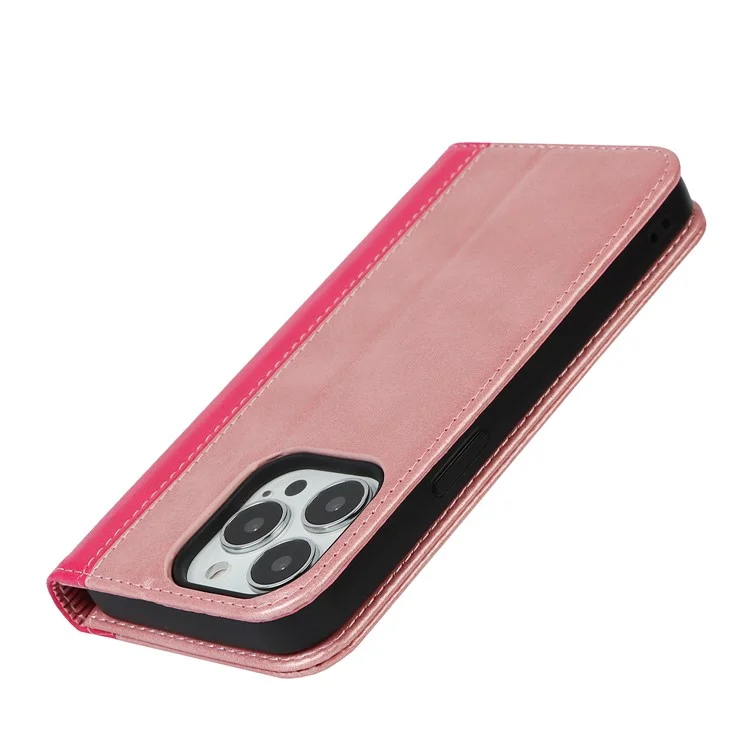 Para iPhone 15 Pro Max Capa de Telefone de Carteira de Couro PU Bi-color Splicing Anti-queda Stand Cover - Rose Gold+Rose
