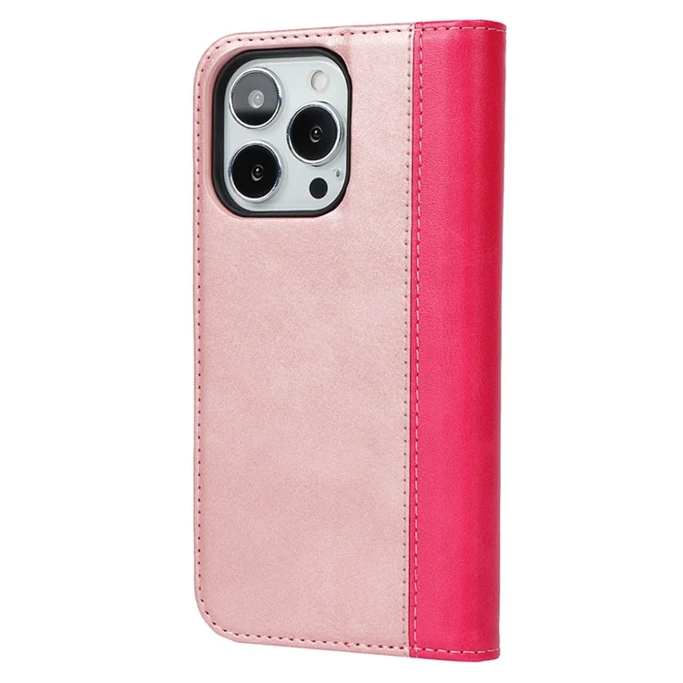 Para iPhone 15 Pro Max Capa de Telefone de Carteira de Couro PU Bi-color Splicing Anti-queda Stand Cover - Rose Gold+Rose