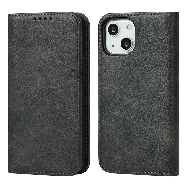 Calf Texture Protective Case for iPhone 15 , Anti-drop PU Leather Stand Wallet Phone Cover - Black