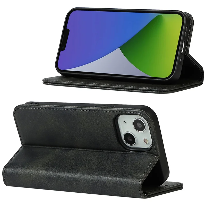 Calf Texture Protective Case for iPhone 15 , Anti-drop PU Leather Stand Wallet Phone Cover - Black