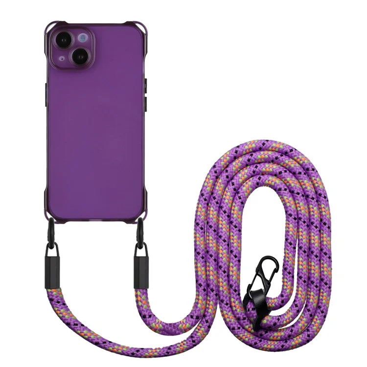 For iPhone 15 Slim-Fit Phone Cover Four Corners Anti-drop TPU Case with Hanging Rope - Purple
