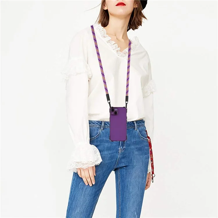 For iPhone 15 Slim-Fit Phone Cover Four Corners Anti-drop TPU Case with Hanging Rope - Purple