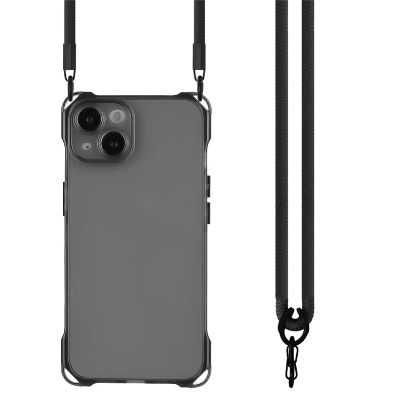 TPU Cell Phone Case for iPhone 15 Plus Four Corners Drop Protection Shell Cover with Hanging Rope - Black