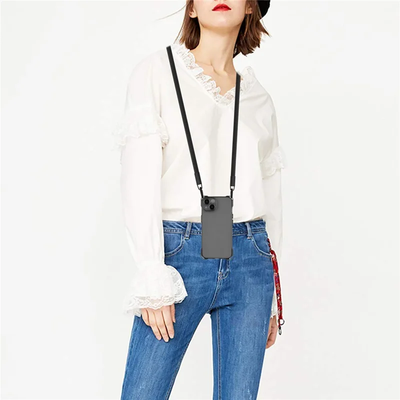 TPU Cell Phone Case for iPhone 15 Plus Four Corners Drop Protection Shell Cover with Hanging Rope - Black