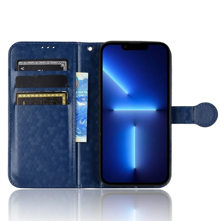 Для iPhone 15 Plus PU Leather Anti-drop Phone Case Dot Imprinted Wallet Stand Cover - Sapphire