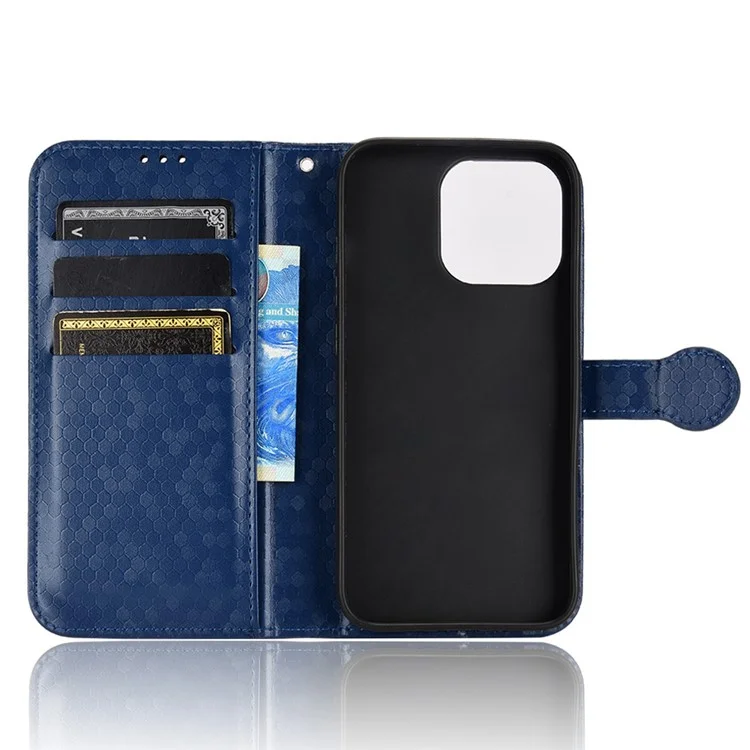 Для iPhone 15 Plus PU Leather Anti-drop Phone Case Dot Imprinted Wallet Stand Cover - Sapphire