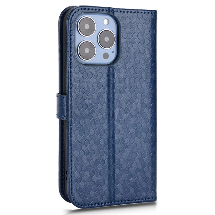 Для iPhone 15 Plus PU Leather Anti-drop Phone Case Dot Imprinted Wallet Stand Cover - Sapphire