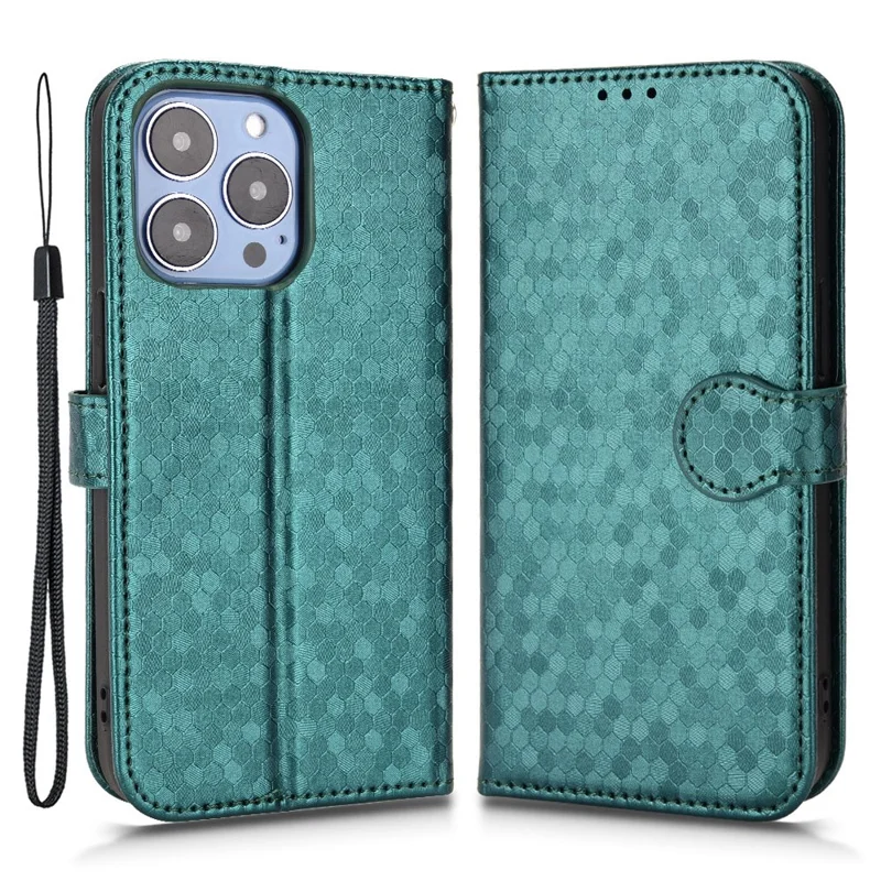 Para iPhone 15 Pro PU Leather Wallet Phone Case Dot Imprinted Flip Stand Anti-fall Cover - Verde