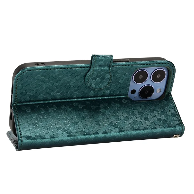 Para iPhone 15 Pro PU Leather Wallet Phone Case Dot Imprinted Flip Stand Anti-fall Cover - Verde