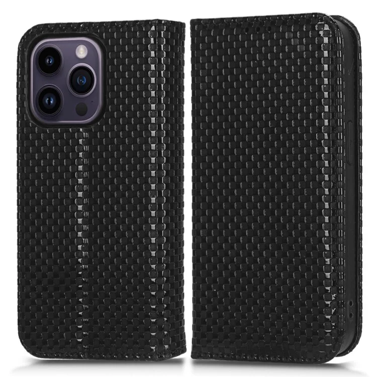Per iPhone 15 Pro Max Imprinted Wallet Flip Phone Case Slim-Fit Grid Texture PU Leather Stand Cover - Black