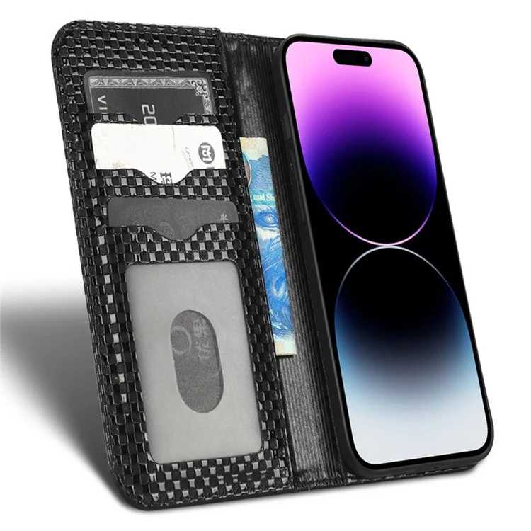 Per iPhone 15 Pro Max Imprinted Wallet Flip Phone Case Slim-Fit Grid Texture PU Leather Stand Cover - Black