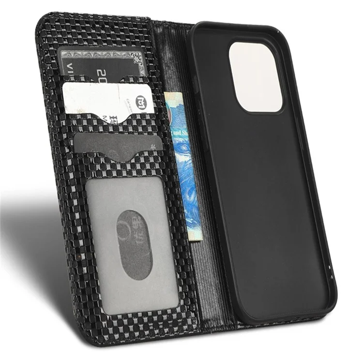 Per iPhone 15 Pro Max Imprinted Wallet Flip Phone Case Slim-Fit Grid Texture PU Leather Stand Cover - Black