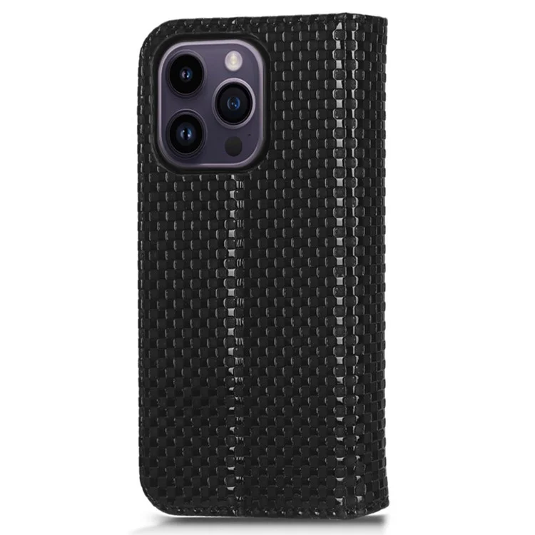 Per iPhone 15 Pro Max Imprinted Wallet Flip Phone Case Slim-Fit Grid Texture PU Leather Stand Cover - Black