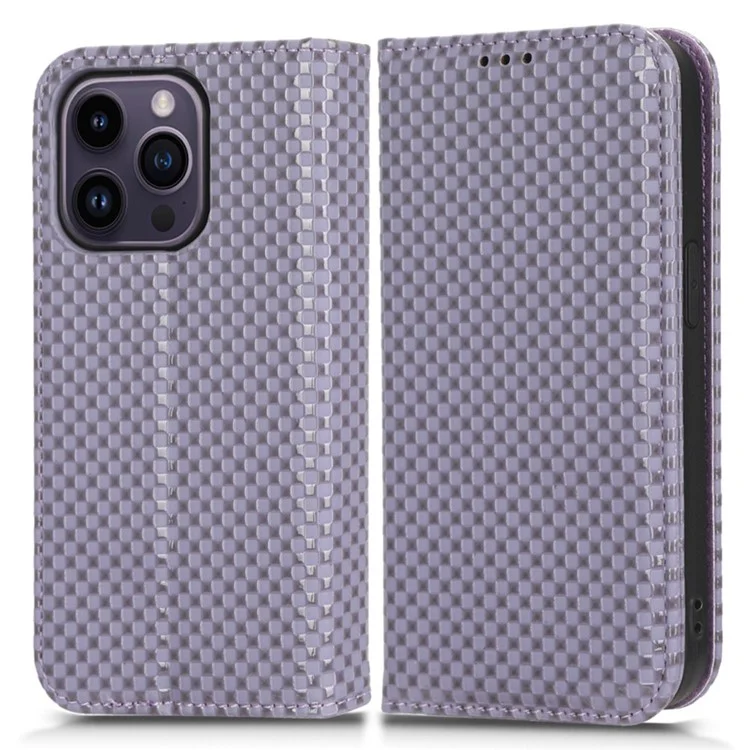 Per iPhone 15 Pro Slim-Fit Grid Texture Imprinted Wallet Phone Case PU Leather Stand Magnetic Absorption Flip Cover - Light Purple