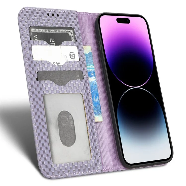 Per iPhone 15 Pro Slim-Fit Grid Texture Imprinted Wallet Phone Case PU Leather Stand Magnetic Absorption Flip Cover - Light Purple