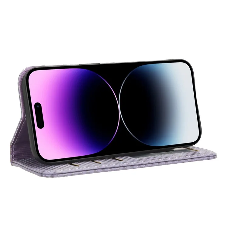 Per iPhone 15 Pro Slim-Fit Grid Texture Imprinted Wallet Phone Case PU Leather Stand Magnetic Absorption Flip Cover - Light Purple