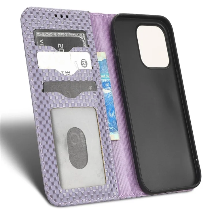 Per iPhone 15 Pro Slim-Fit Grid Texture Imprinted Wallet Phone Case PU Leather Stand Magnetic Absorption Flip Cover - Light Purple