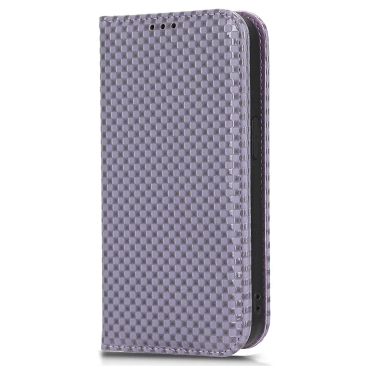 Per iPhone 15 Pro Slim-Fit Grid Texture Imprinted Wallet Phone Case PU Leather Stand Magnetic Absorption Flip Cover - Light Purple