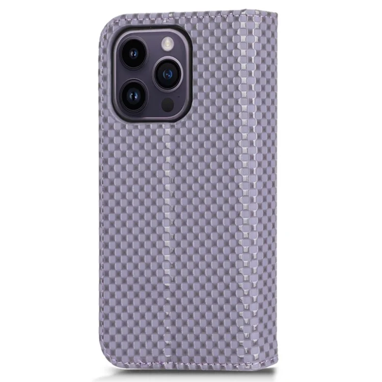Per iPhone 15 Pro Slim-Fit Grid Texture Imprinted Wallet Phone Case PU Leather Stand Magnetic Absorption Flip Cover - Light Purple