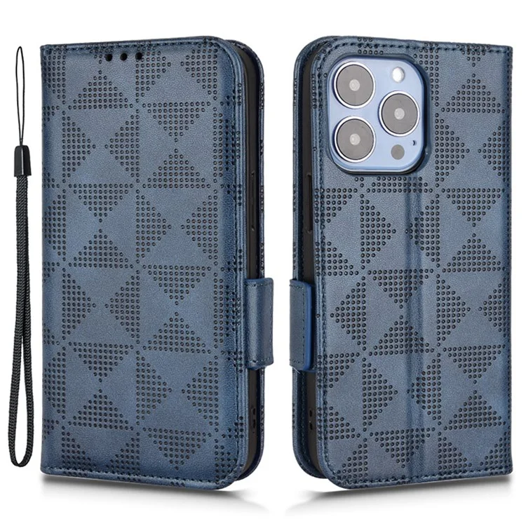 Pour iPhone 15 Pro Imprinted Triangle Anti-drop Phone Cover PU Leather Stand Wallet Case - Bleu