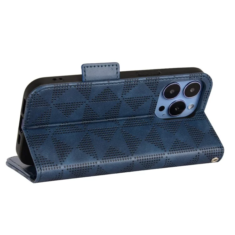 Pour iPhone 15 Pro Imprinted Triangle Anti-drop Phone Cover PU Leather Stand Wallet Case - Bleu