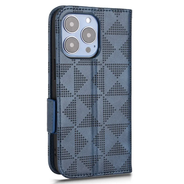 Pour iPhone 15 Pro Imprinted Triangle Anti-drop Phone Cover PU Leather Stand Wallet Case - Bleu