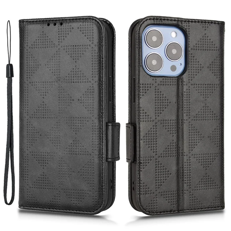 For iPhone 15 Plus Triangle Imprint PU Leather Wallet Case Anti-drop Stand Phone Cover - Black