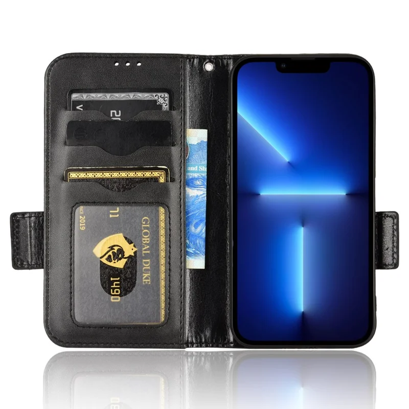 For iPhone 15 Plus Triangle Imprint PU Leather Wallet Case Anti-drop Stand Phone Cover - Black