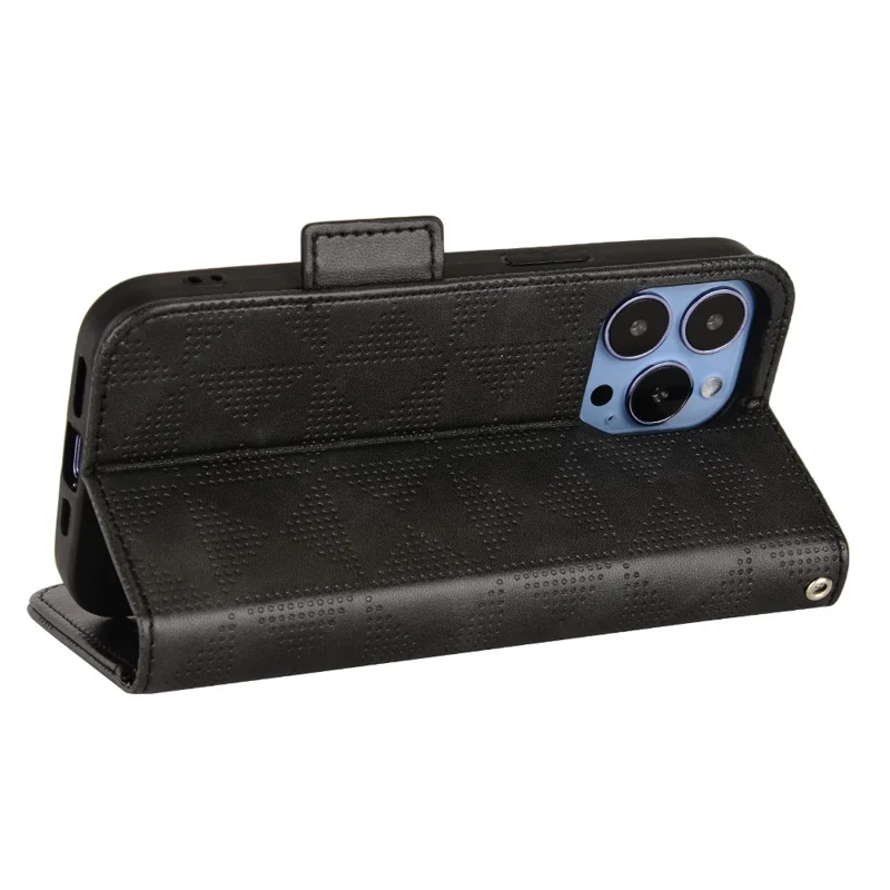 For iPhone 15 Plus Triangle Imprint PU Leather Wallet Case Anti-drop Stand Phone Cover - Black